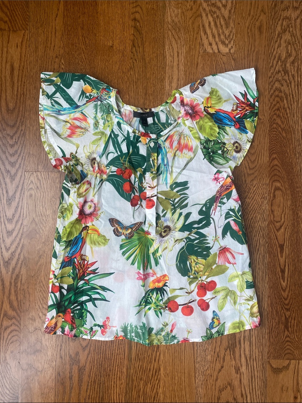 J. Crew White Tropical Floral Flutter Sleeve Blouse